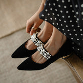 Retro Pearl Pointed Toe Chunky Heel Flats Oshnow